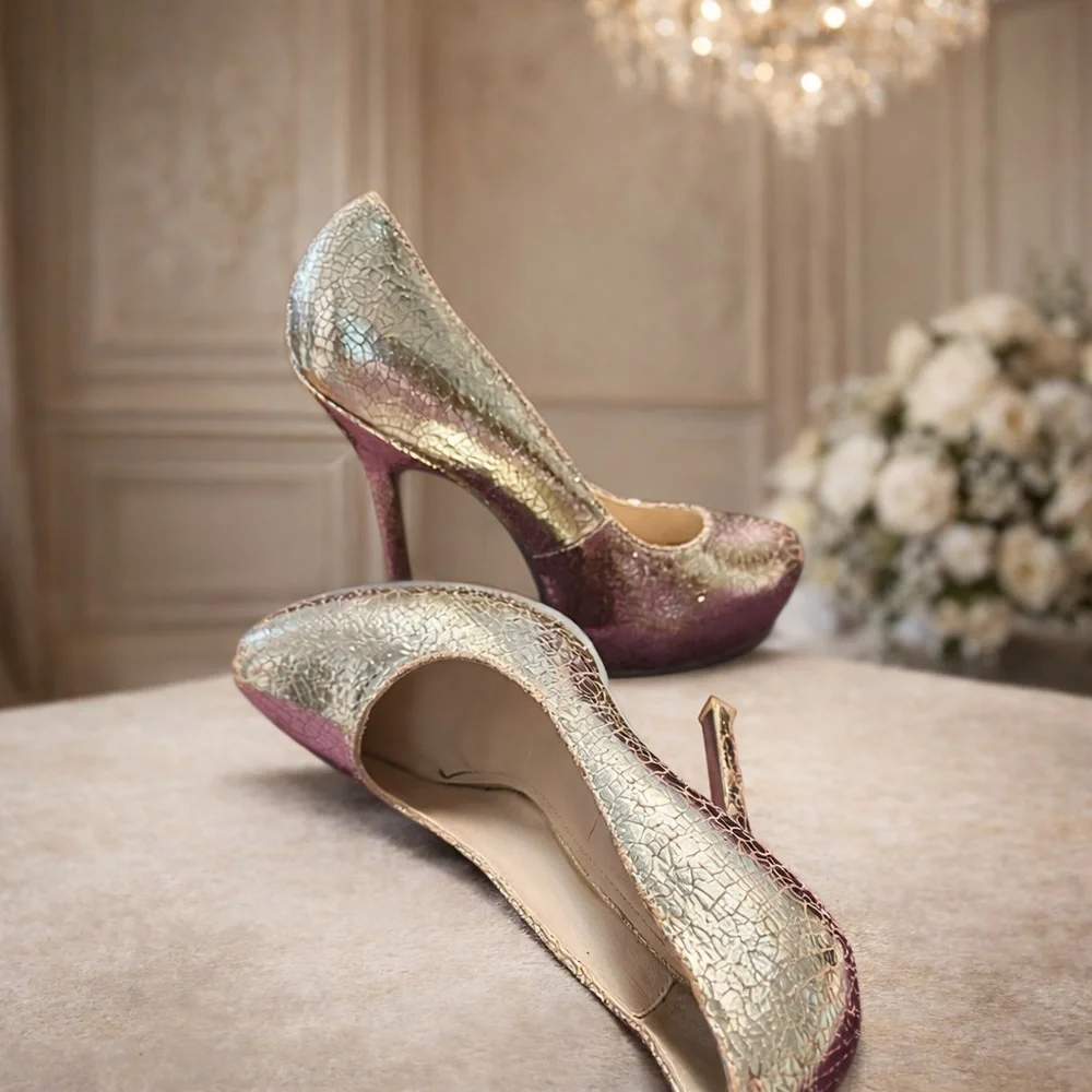 Saint Laurent YSL Gold‎ Metallic Cracked Leather Pointed Toe Pumps, 38/8